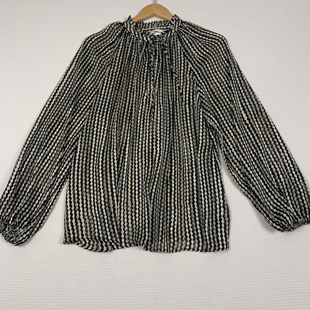H&M Striped Chiffon Blouse Beige Size L Ruffle Tie V Neck Balloon Sleeve